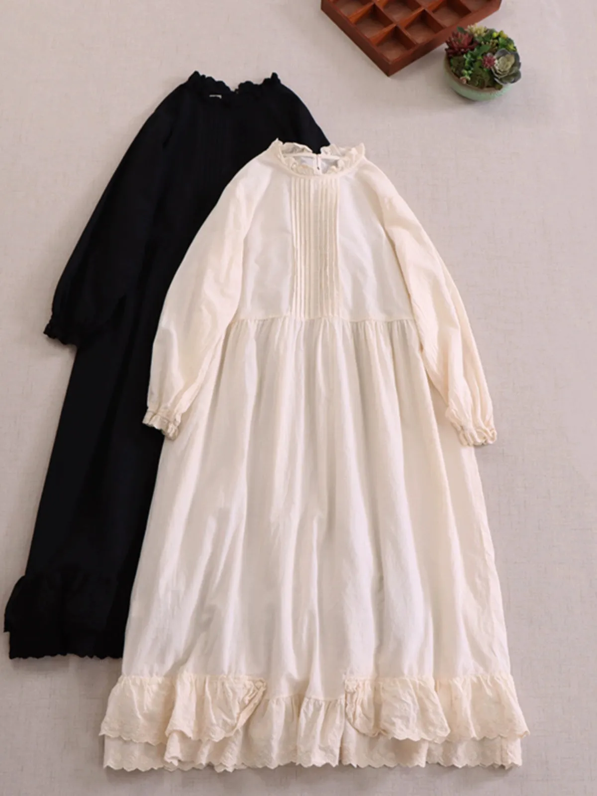 Women Spring Retro Cotton Ruffle Collar Loose Long-Sleeve Dress