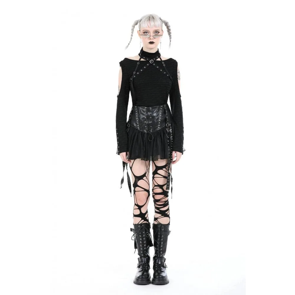 Women's Punk Studded Mesh Faux Leather Skirt