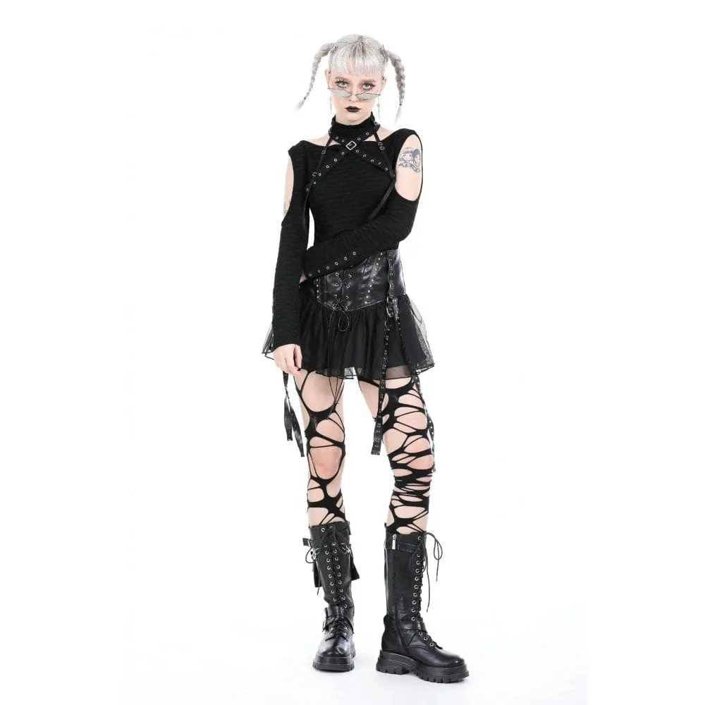Women's Punk Studded Mesh Faux Leather Skirt