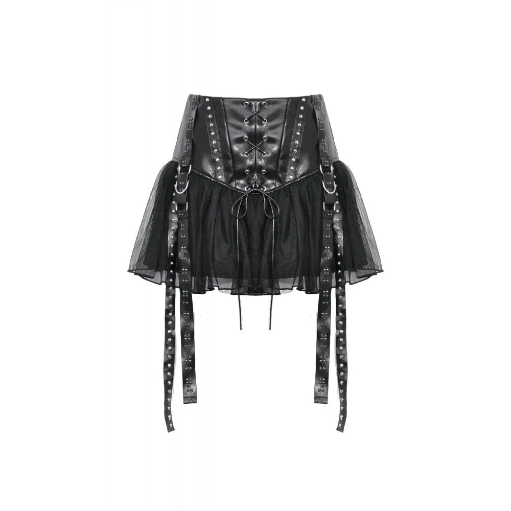 Women's Punk Studded Mesh Faux Leather Skirt