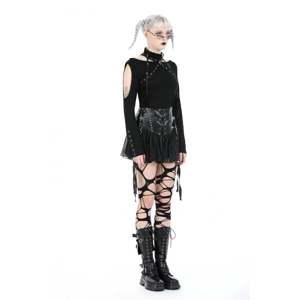 Women's Punk Studded Mesh Faux Leather Skirt