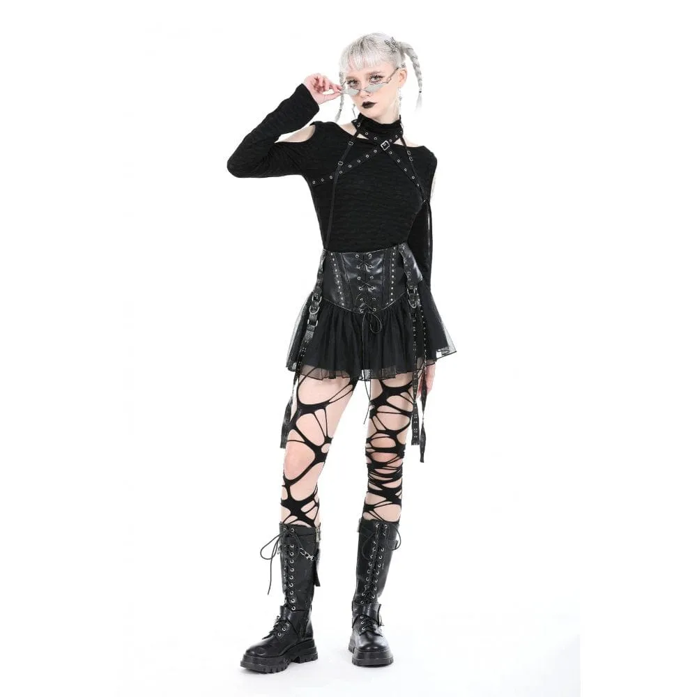 Women's Punk Studded Mesh Faux Leather Skirt