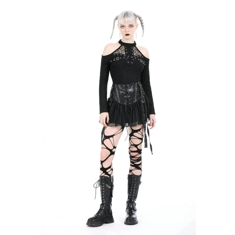 Women's Punk Studded Mesh Faux Leather Skirt